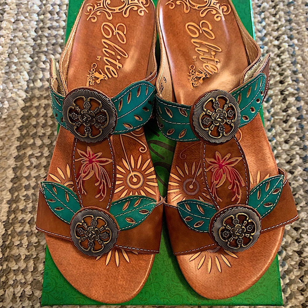 Elite by Corkys Leather Wedge Sandals - Amber, Size 9
